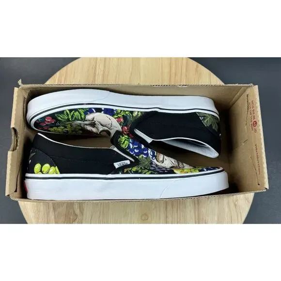 Vans Classic Slip-On Fruit’ Skull Black White Canvas Shoes Sz Men 8.5 Women 10 - Picture 9 of 13